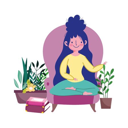 stay at home, young woman in chair with books and plantsのイラスト素材