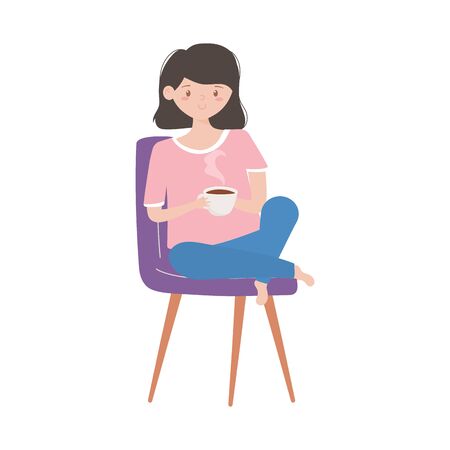 woman with coffee cup sitting on chair isolated icon on white background vector illustrationのイラスト素材