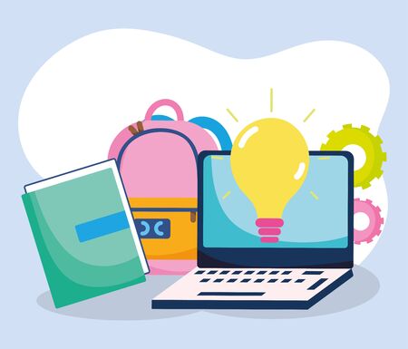 education online, laptop backpack books learn idea cartoonのイラスト素材
