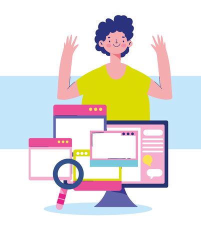 education online, student boy website computer course cartoonのイラスト素材