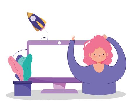 people communication and technology, girl with computer idea innovation cartoon vector illustrationのイラスト素材