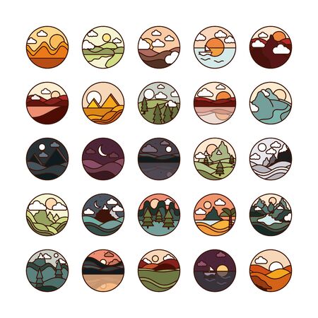 landscape nature mountains ocean and forest in circle icons set line and fill iconの写真素材