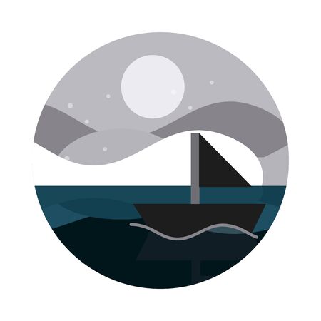 landscape nature sailboat sea sun sky hills flat style iconの写真素材