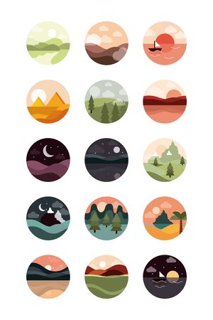 landscape nature mountains ocean and forest in circle icons set flat style iconの写真素材