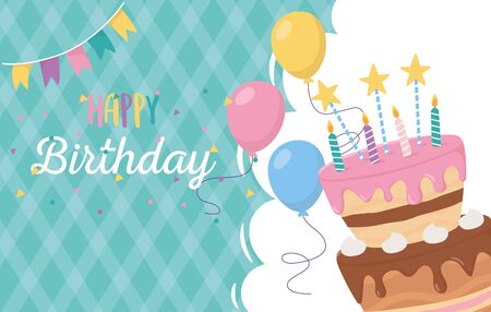 happy birthday, greeting card cake candles balloons celebration vector illustrationの写真素材