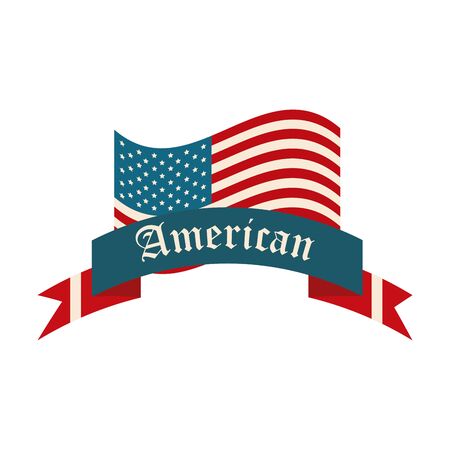 happy independence day, american flag waving symbol and banner decoration vector illustration flat style iconのイラスト素材