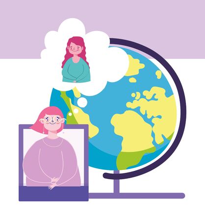 online education, teacher and student girl smartphone school globe vector illustrationのイラスト素材