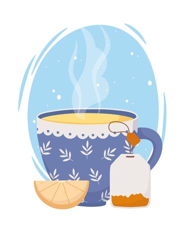 tea time, blue cup teabag and slice lemon fresh design vector illustrationのイラスト素材