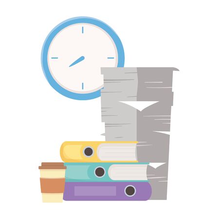 stress at work, pile of papers binders coffee cup and clockのイラスト素材