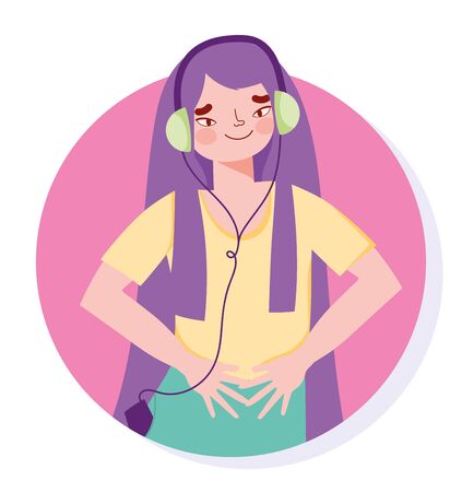 girl enjoying and listening music with headphonesのイラスト素材