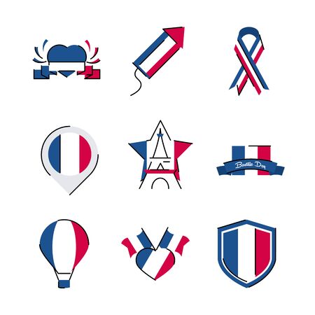 France and bastille day line and fill style icon set vector designのイラスト素材