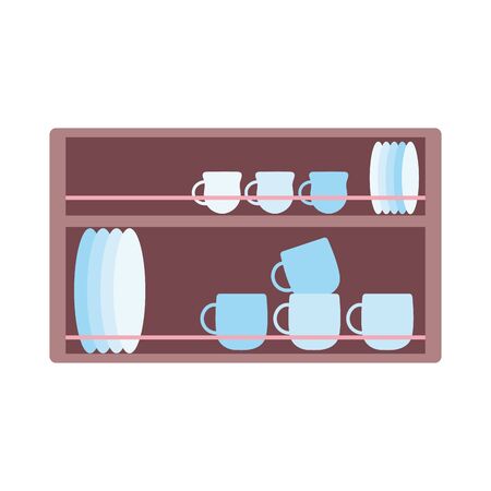 wooden shelf with tableware cups and jar cooking isolated icon designのイラスト素材
