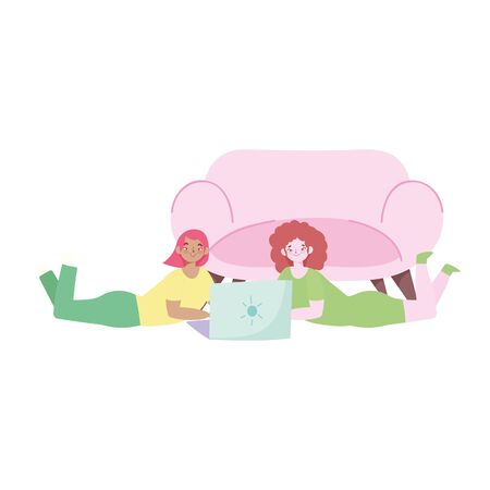 working remotely, young women liying in floor with laptopのイラスト素材