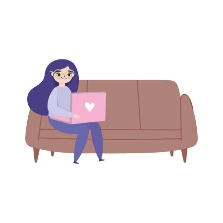 working remotely, young woman sitting on sofa with laptopのイラスト素材