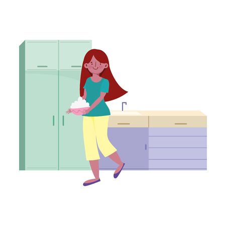 people cooking, girl holding food bowl in the kitchenのイラスト素材
