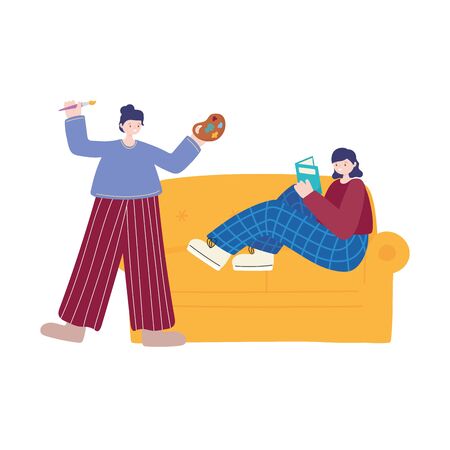 people activities, woman artist drawing on canvas holding palette color and girl reading book on sofaのイラスト素材