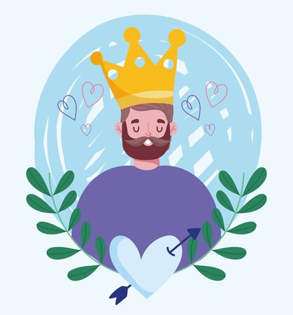 happy fathers day, young man with crown heart love foliage vector illustrationのイラスト素材