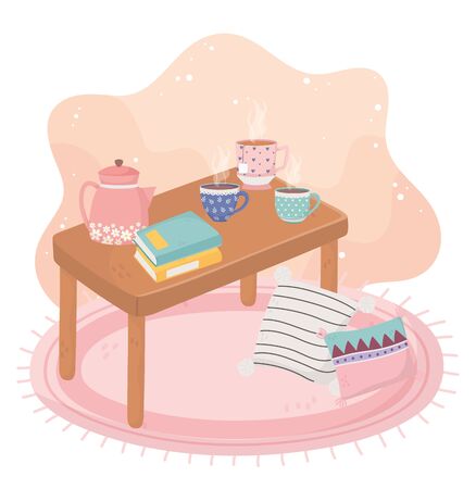 sweet home table with coffee tea cups kettle books and cushions on floor vector illustrationのイラスト素材