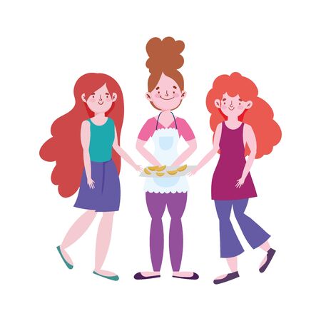 people cooking, woman with apron and dessert food and girls vector illustrationのイラスト素材