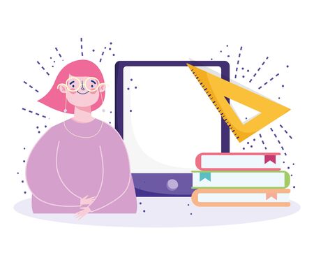 online education, student with glasses mobile stack books and ruler triangleのイラスト素材