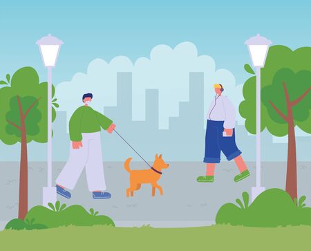 man walking with dog and boy listening music with headphones in city parkのイラスト素材