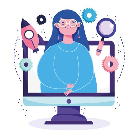 online education, computer student with glasses video learnのイラスト素材