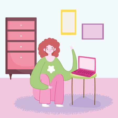 working remotely, young woman with laptop in table room furnitureのイラスト素材