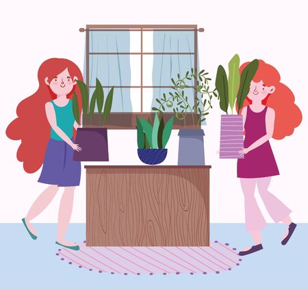 cute girls holding potted plant gardening in the house cartoonのイラスト素材