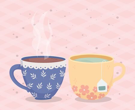 coffee time, cups coffee tea teabag fresh beverage vector illustrationのイラスト素材