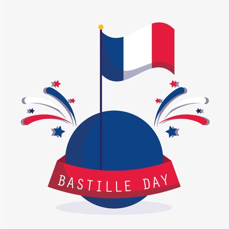 france flag and fireworks with ribbon design, Happy bastille day and french theme Vector illustrationのイラスト素材