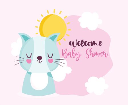 baby shower cute cat sun clouds card celebration, welcome invitation template vector illustrationのイラスト素材