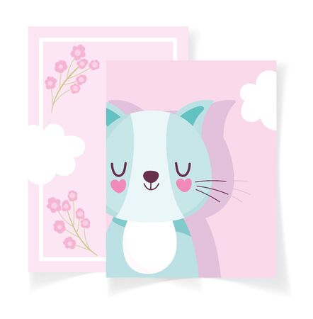 baby shower cute cat flowers card celebration, welcome invitation template vector illustrationのイラスト素材