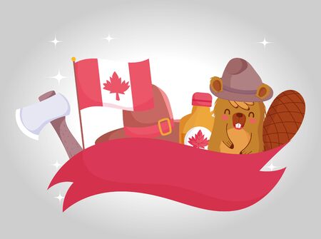 Beaver with canadian flag and icon set design, Happy canada day holiday and national theme Vector illustrationのイラスト素材