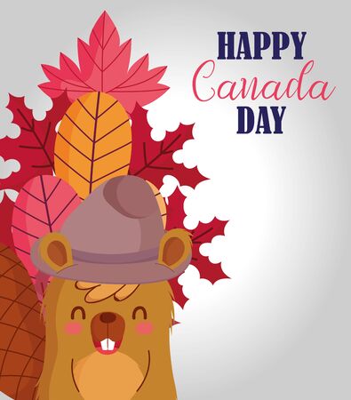 Beaver with canadian leaves and hat design, Happy canada day holiday and national theme Vector illustrationのイラスト素材