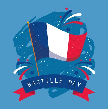 france flag with ribbon of happy bastille day vector designのイラスト素材