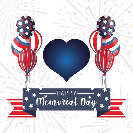 Heart with balloons and ribbon design, Memorial day holiday and patriotic theme Vector illustrationのイラスト素材