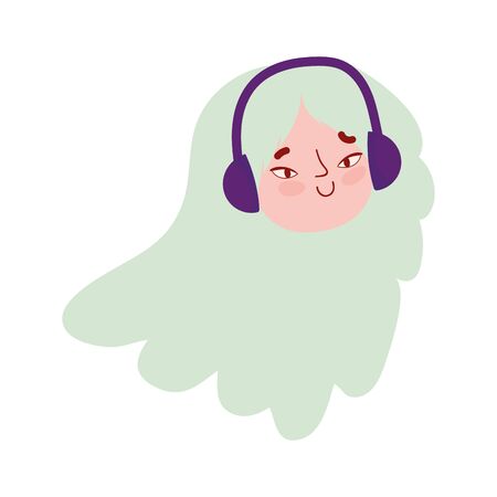 young woman face with headphones listening music isolated designのイラスト素材