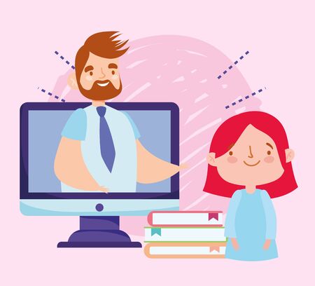 online education teacher on video computer student books vector illustrationのイラスト素材