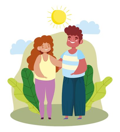 mom dad hugging in the landscape cartoon, family dayのイラスト素材