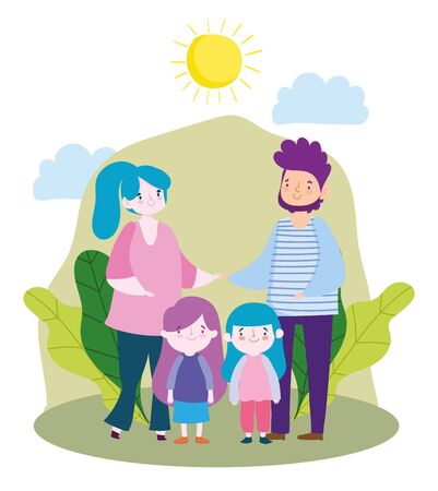 mother father and daughters in the park, family dayのイラスト素材