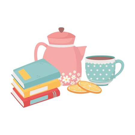 sweet home stack of books kettle coffee cup sliced orangesのイラスト素材