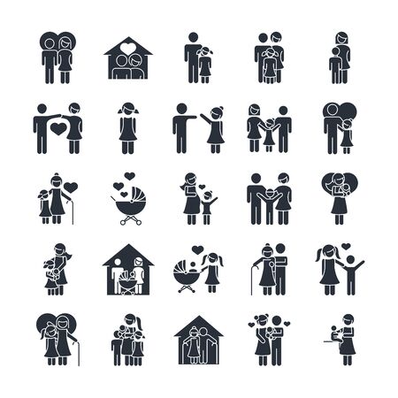 family day, father mother kids grandparents characters, set icon in silhouette styleのイラスト素材