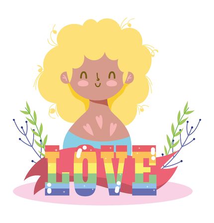 Girl cartoon with lgtbi love text and leaves design, Pride day sexual orientation and identity theme Vector illustrationのイラスト素材