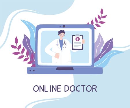 online doctor, doctor in laptop medical advice or consultation service vector illustrationのイラスト素材