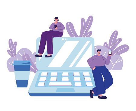people using smartphone laptop website application chatting vector illustrationのイラスト素材
