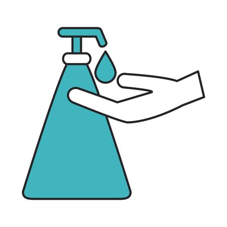 covid 19 coronavirus, dispenser liquid soap in hand, prevention spread outbreak disease pandemic line and fill style icon vector illustrationのイラスト素材