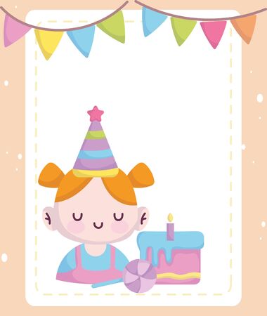 baby shower, little girl with party hat and cake, announce newborn welcome card vector illustrationのイラスト素材