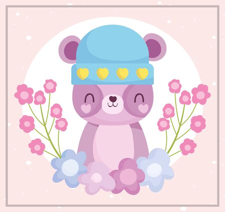 baby shower, cute teddy bear with hat and flowers decoration cartoon, announce newborn welcome card vector illustrationのイラスト素材