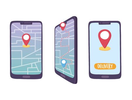 online delivery service, smartphone location navigation map pointer, fast and free transport, order shipping, app website vector illustrationのイラスト素材