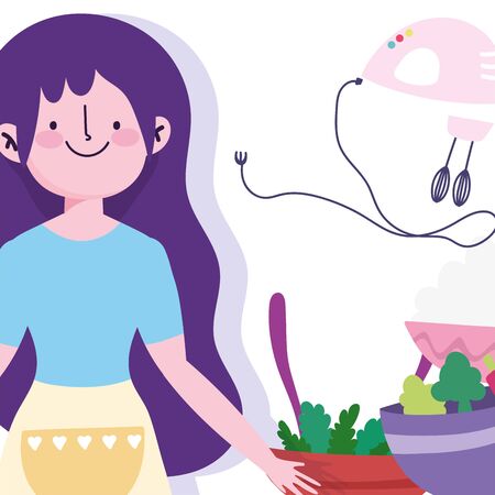 people cooking, girl with vegetables in bowl and electric mixer vector illustrationのイラスト素材
